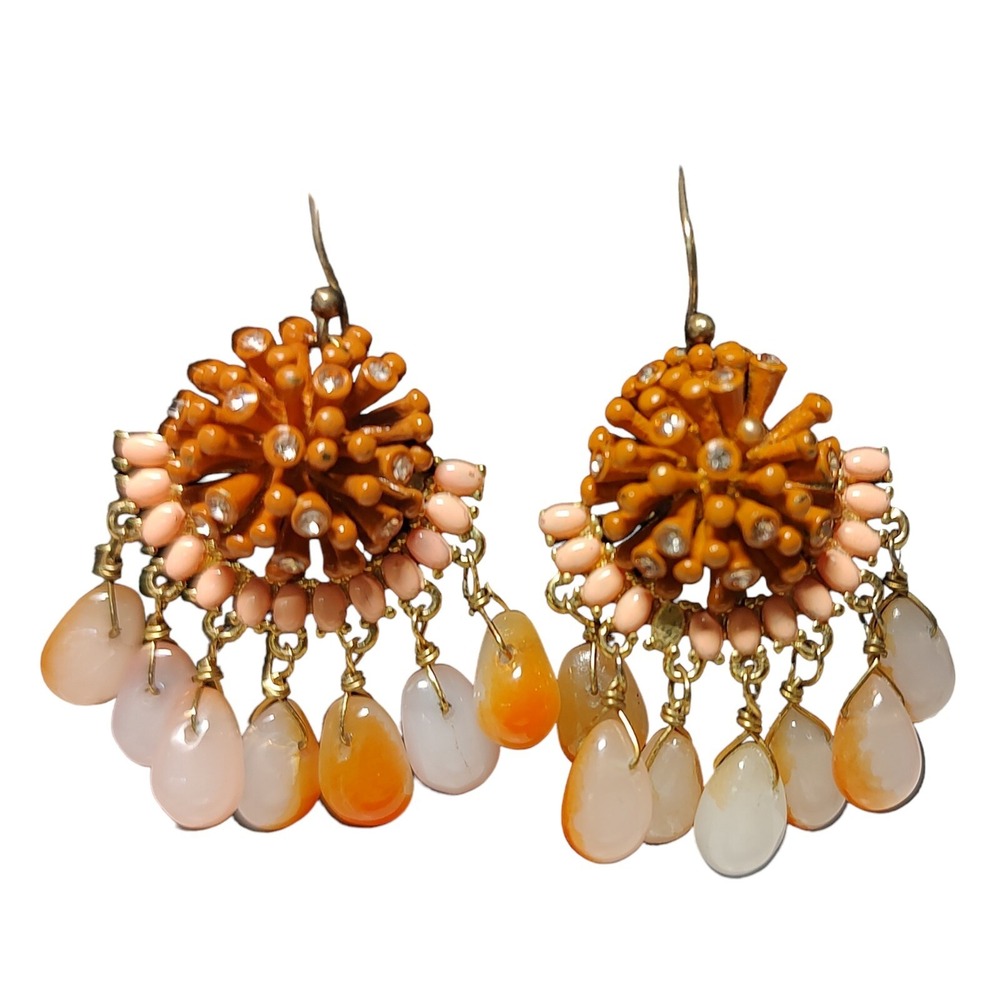 J Crew Statement Earrings Burnt Orange Lightweight Beaded Dangle Wire Back SEE